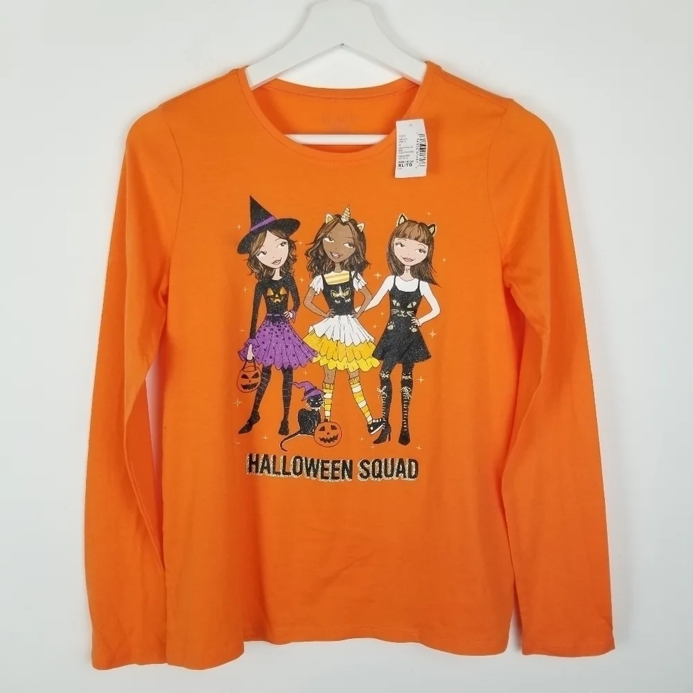 Children's Place Girl's XL Halloween Squad‎ Orange graphic tshirt long Sleeve